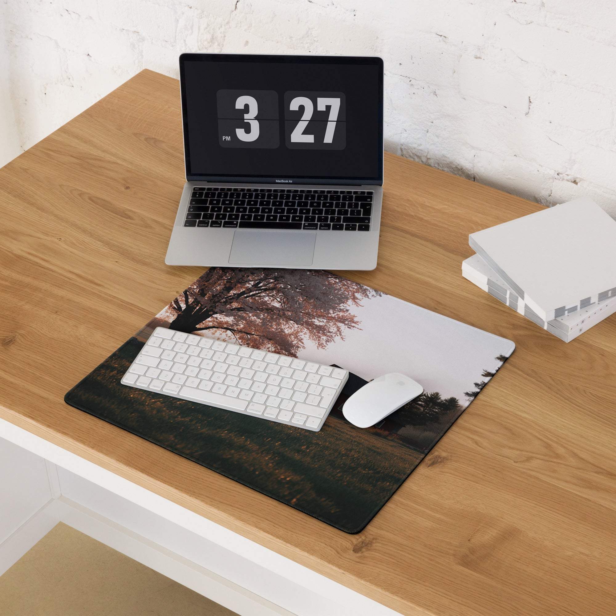 Pastoral autumn tree landscape gaming mouse pad with non-slip base
