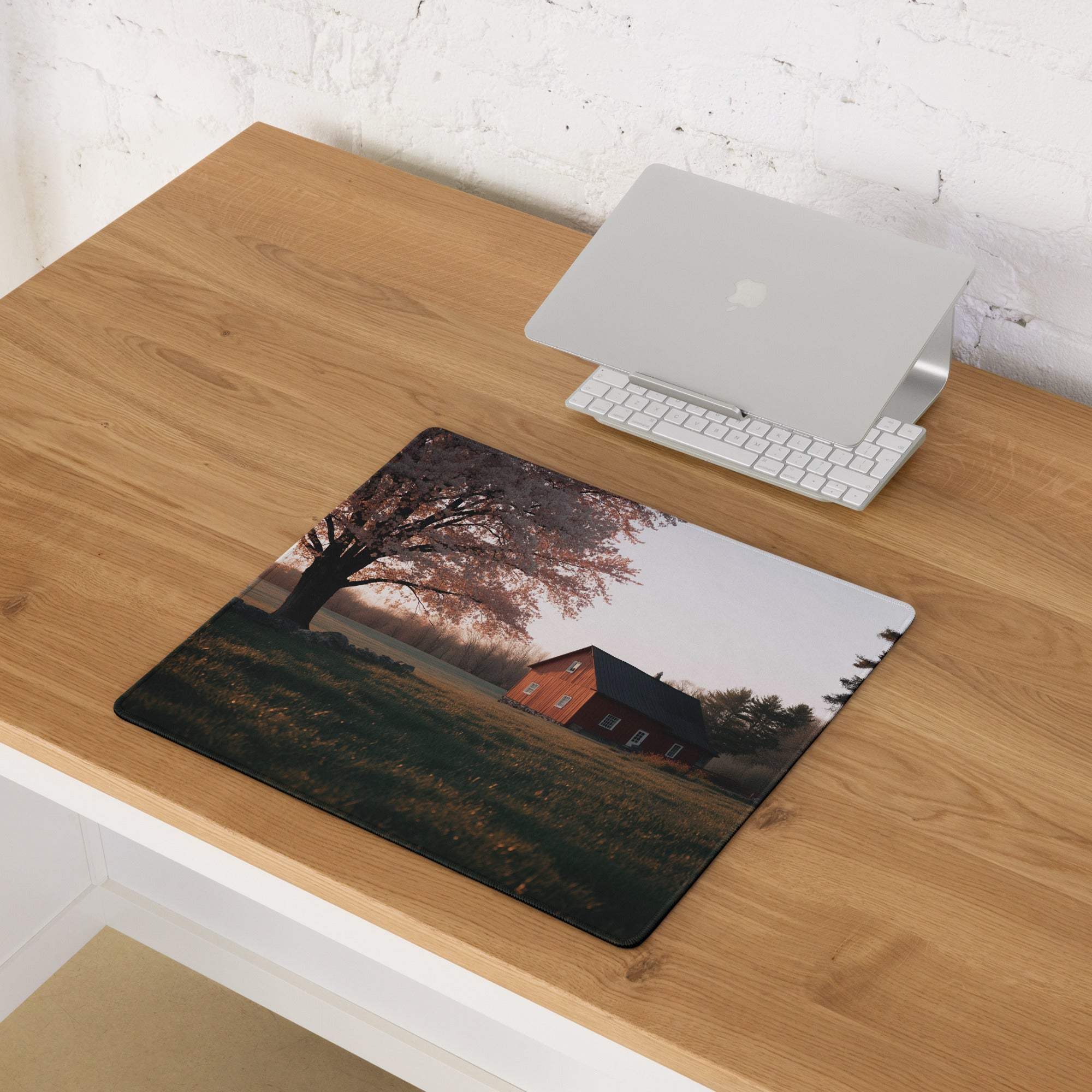 Pastoral autumn red barn landscape gaming mouse pad with non-slip base