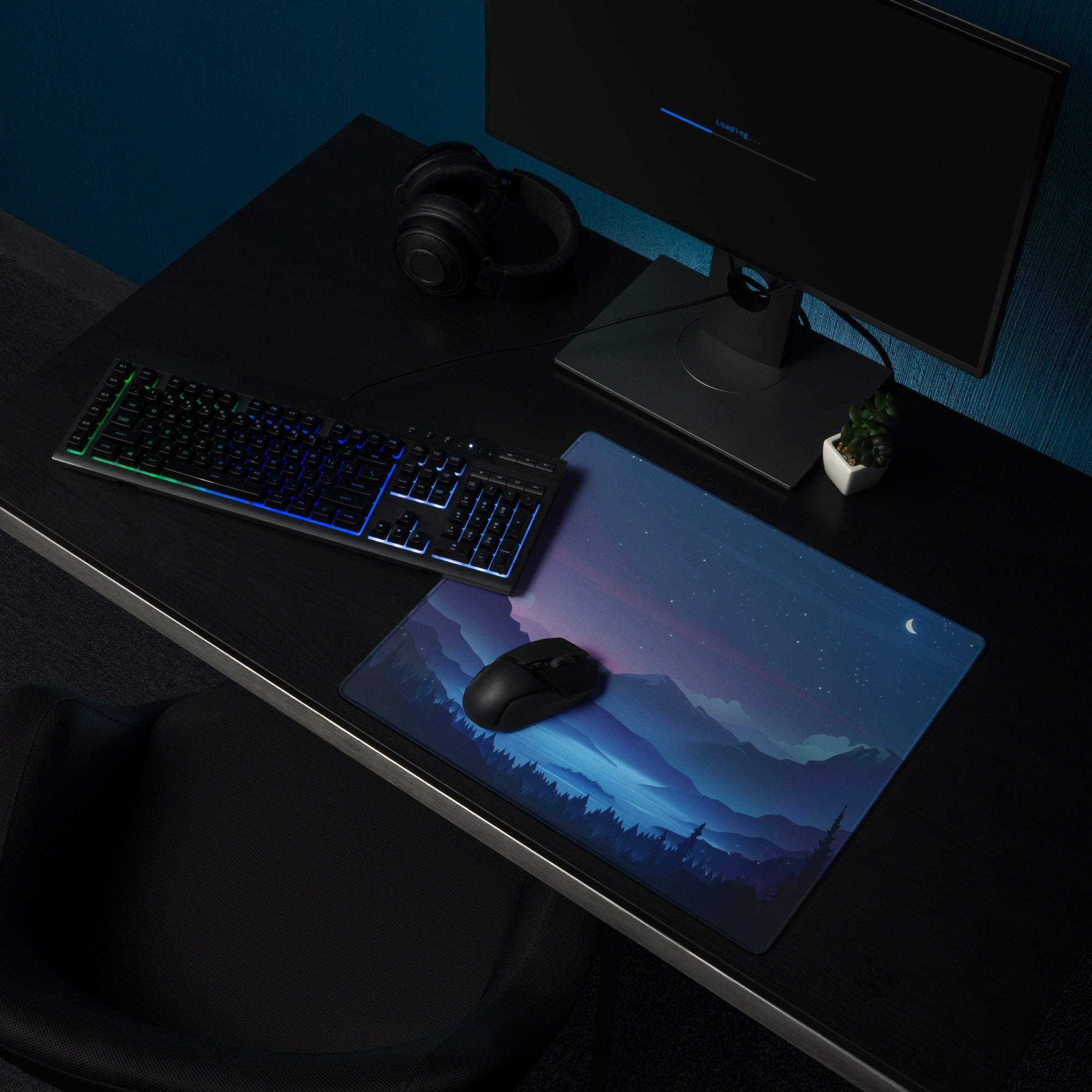 Blue purple mountain landscape gaming mousepad with crescent moon, non-slip base