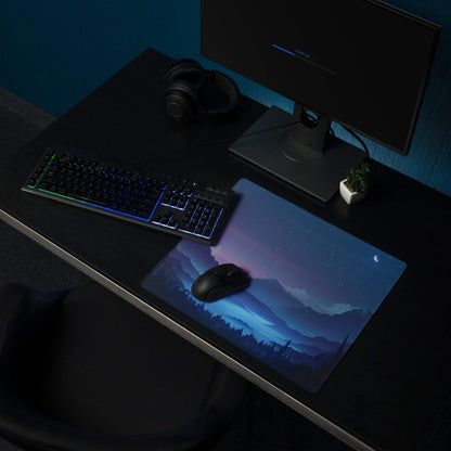 Blue purple mountain landscape gaming mousepad with crescent moon, non-slip base