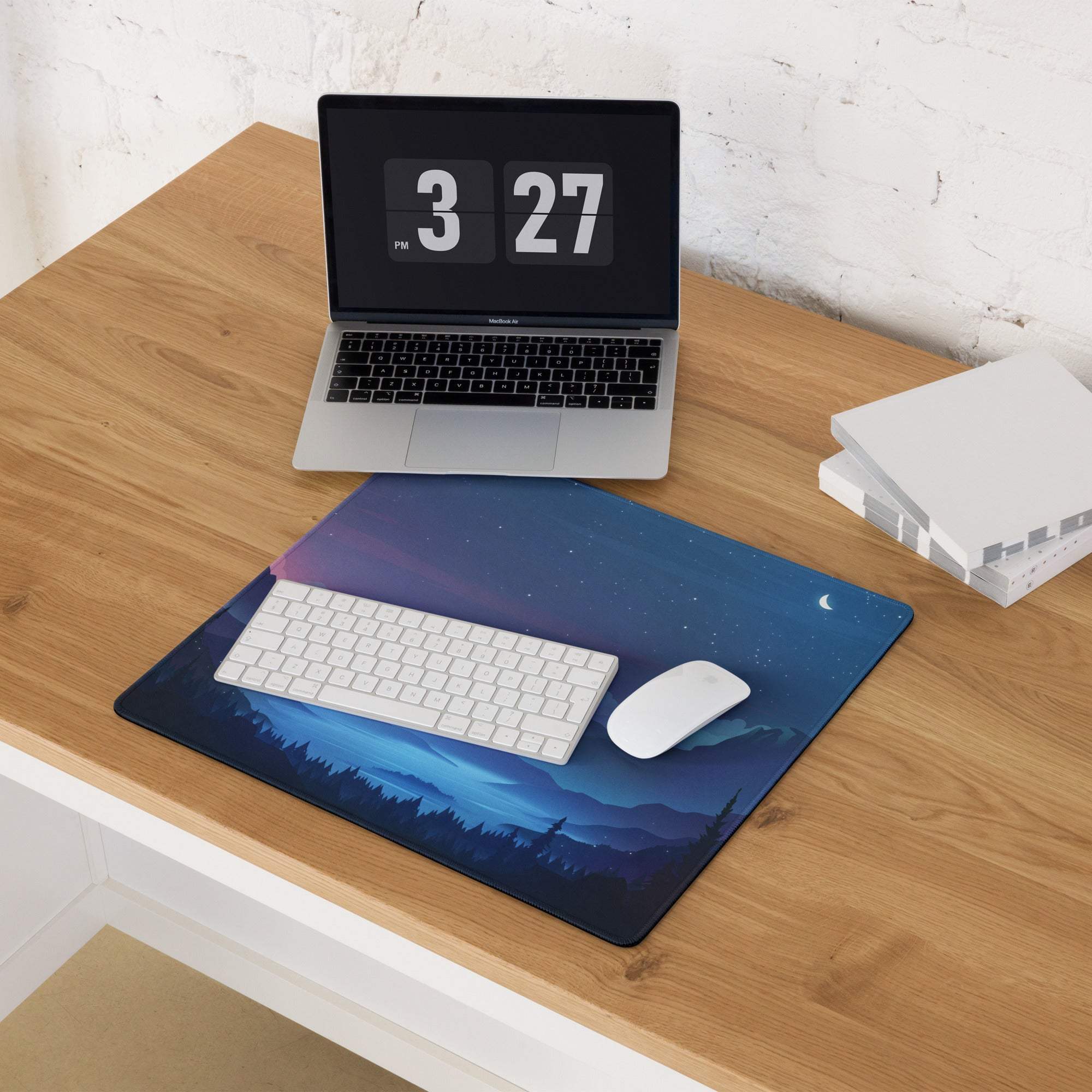 Blue gradient night sky mousepad with mountain silhouette, crescent moon, non-slip base
