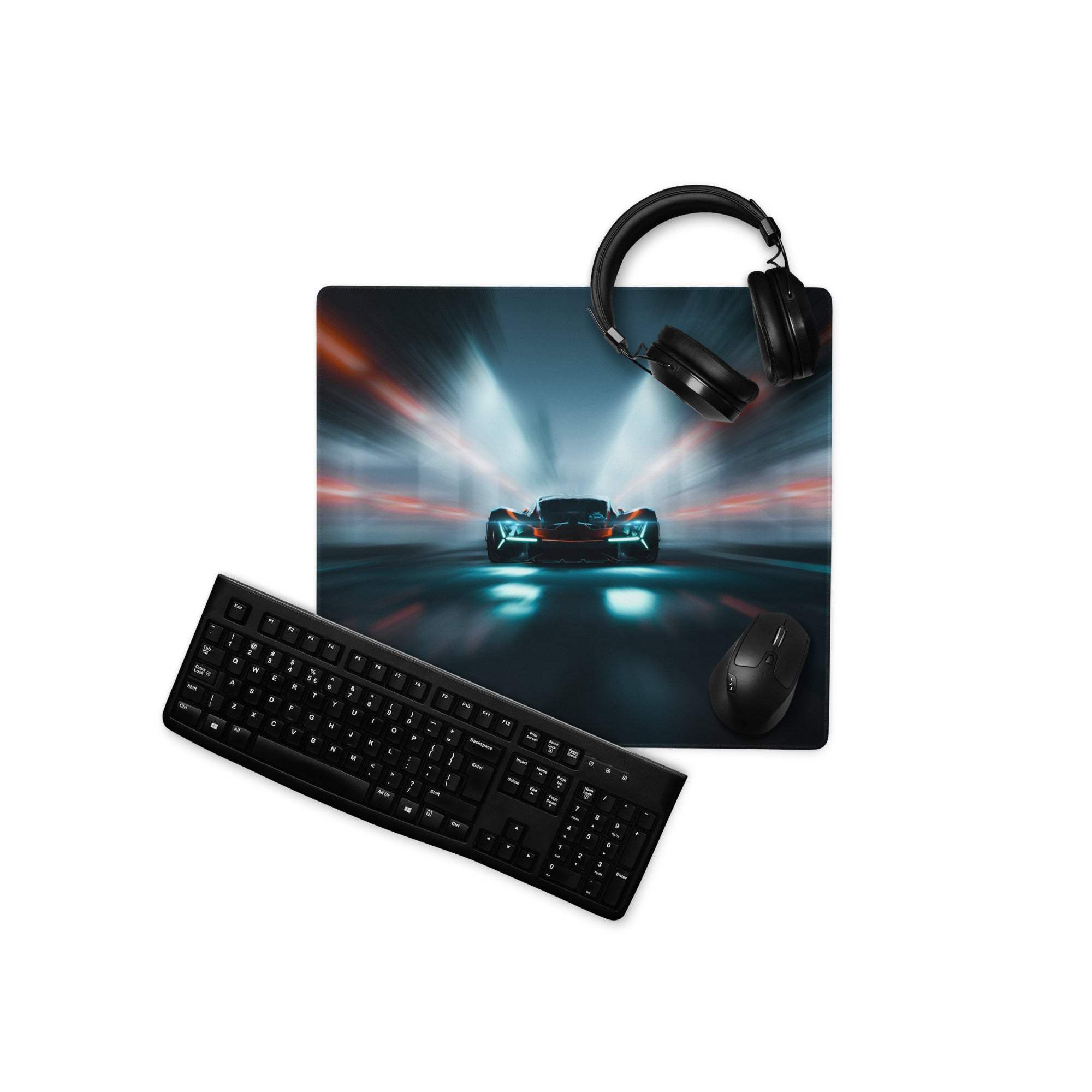 Cyberpunk neon car race large gaming mouse pad with blue orange glow