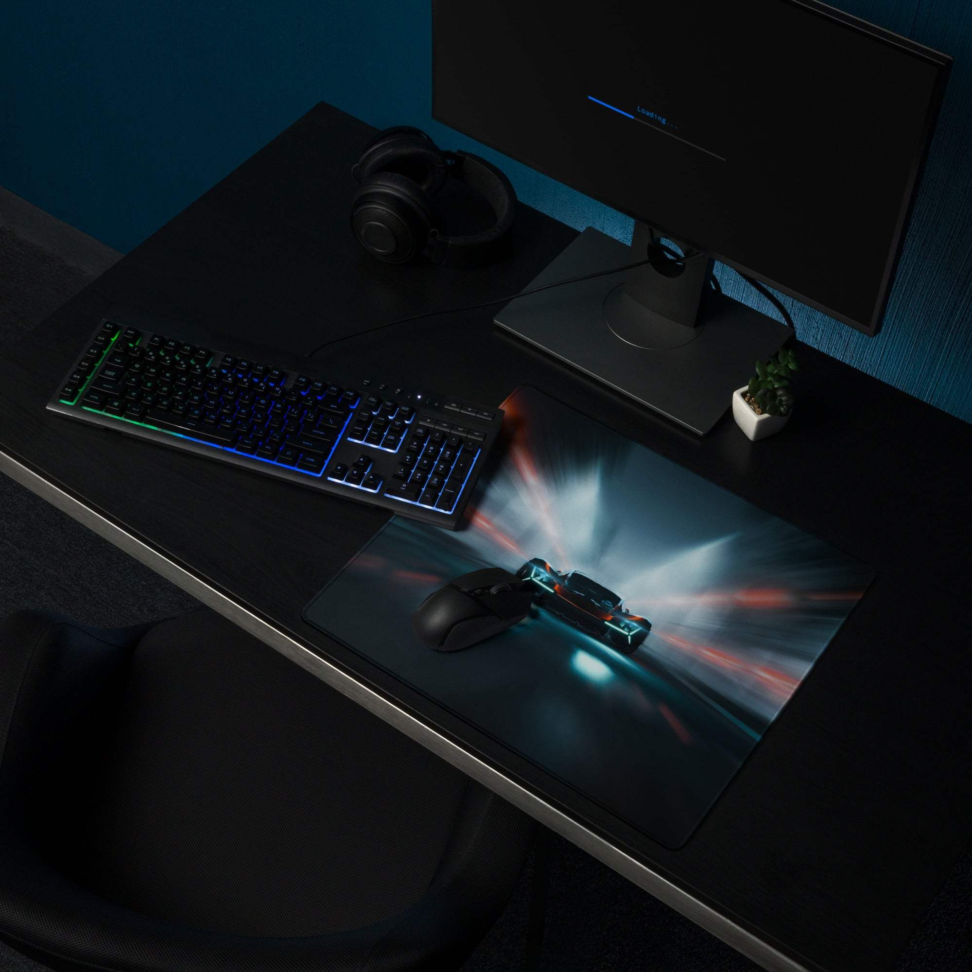 Cyberpunk neon car race black gaming mousepad with glowing red blue lights