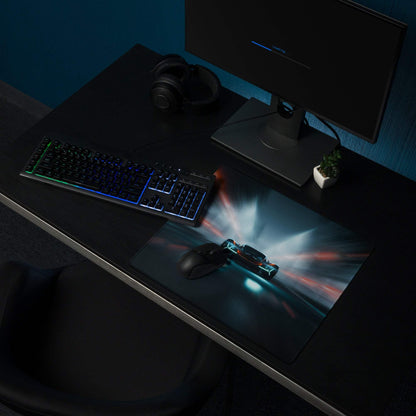 Cyberpunk neon car race black gaming mousepad with glowing red blue lights