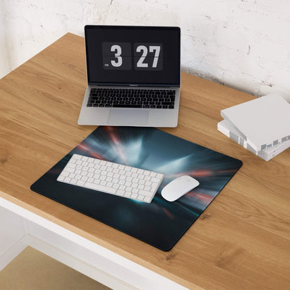 Cyberpunk cosmic nebula mousepad with blue red streaks, non-slip base