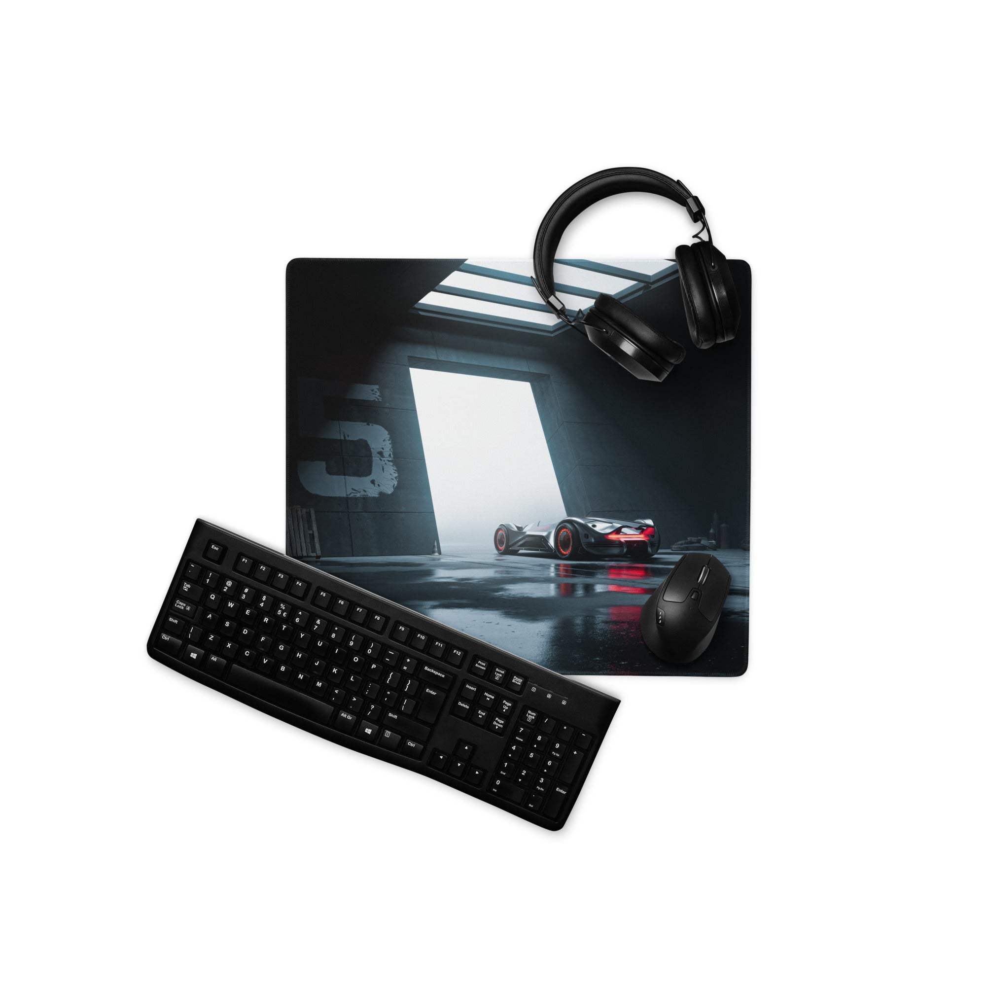 Moody Blue Racing Car Studio gaming mouse pad with futuristic black design, red accents, and industrial lighting