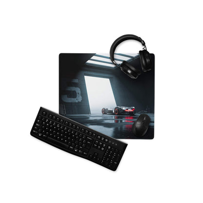Moody Blue Racing Car Studio gaming mouse pad with futuristic black design, red accents, and industrial lighting