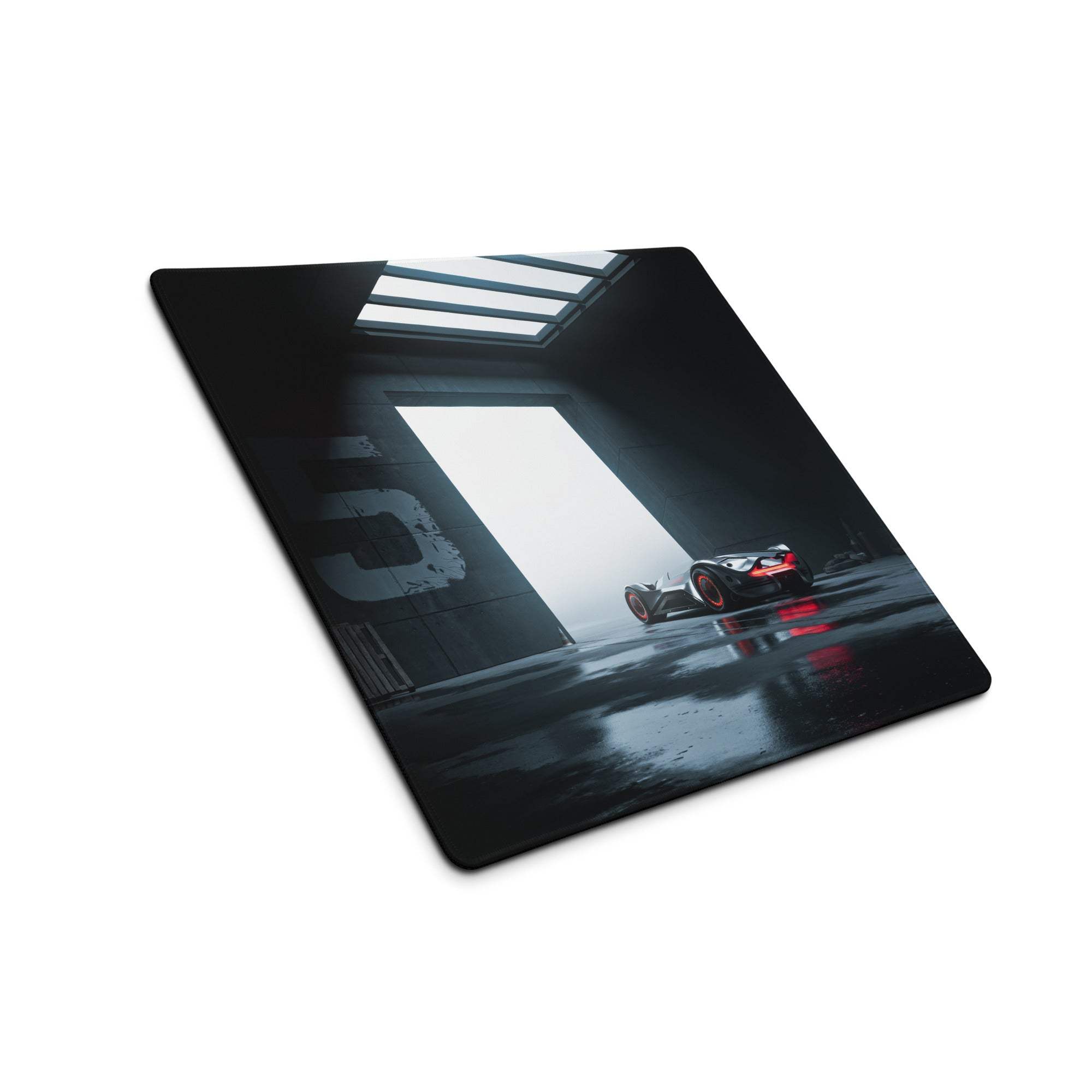 Moody Blue red black racing car gaming mouse pad in dim garage studio