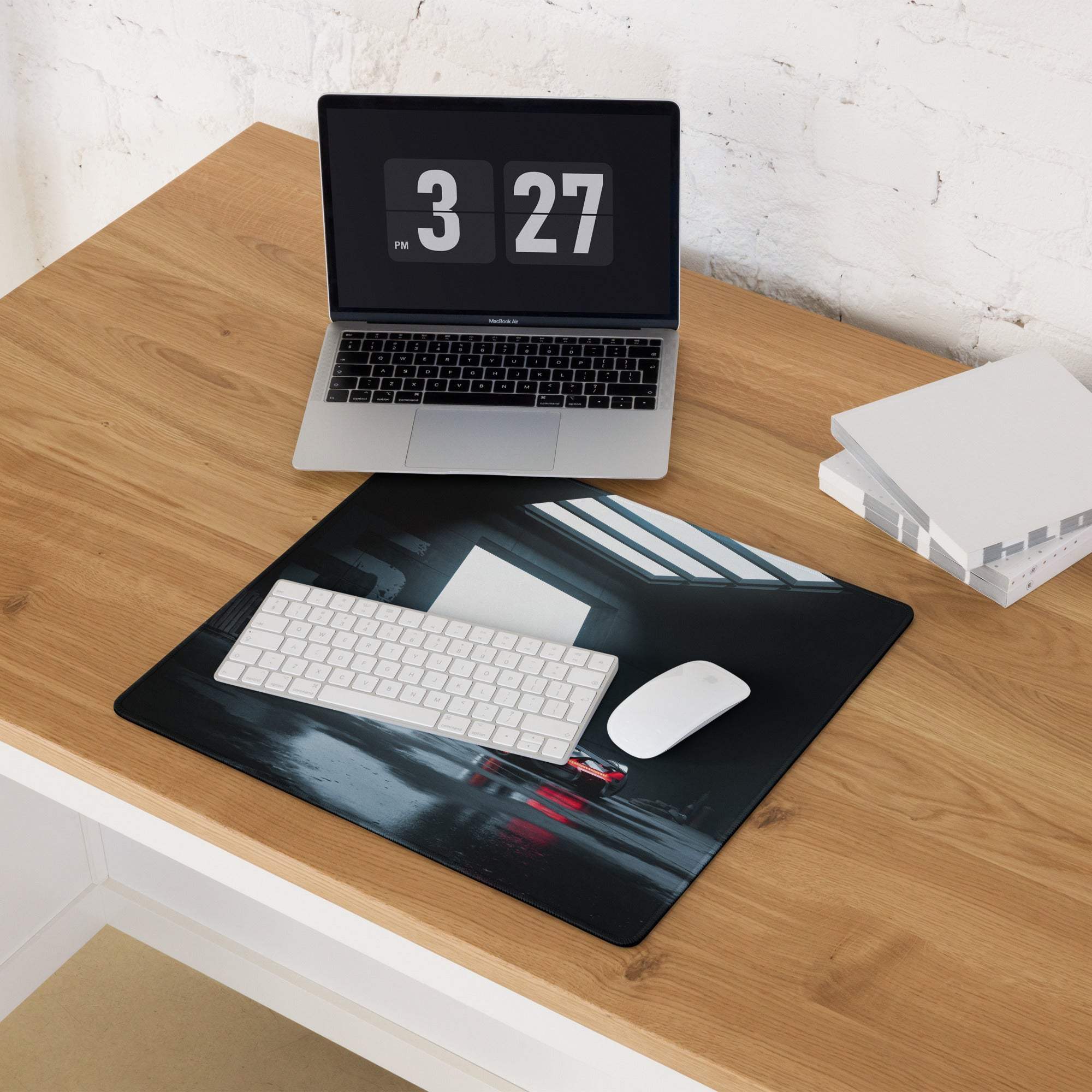 Moody Blue red racing car gaming mouse pad glossy wet pavement studio light