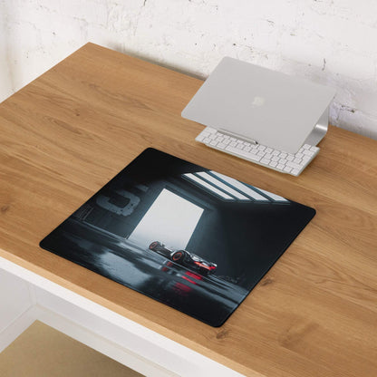 Moody blue racing car studio gaming mouse pad with red sports car in dim garage