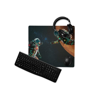 Black space astronaut gaming mousepad with glowing green orange accents