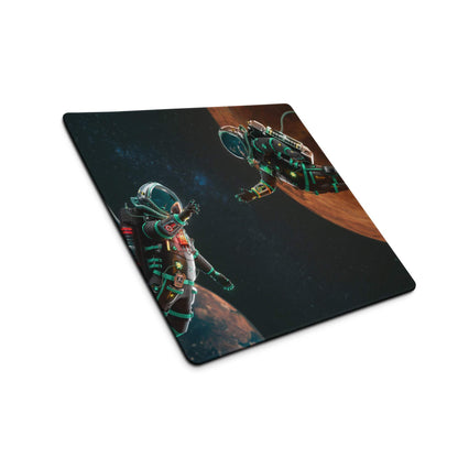 Large gaming mouse pad with astronauts floating near planet, green accents