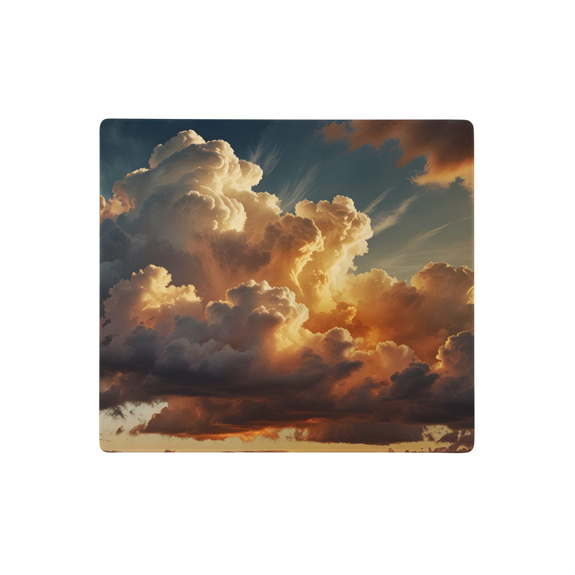 Rectangular gaming mousepad with vivid dramatic cumulus clouds in warm orange and blue gradient for modern desk decor