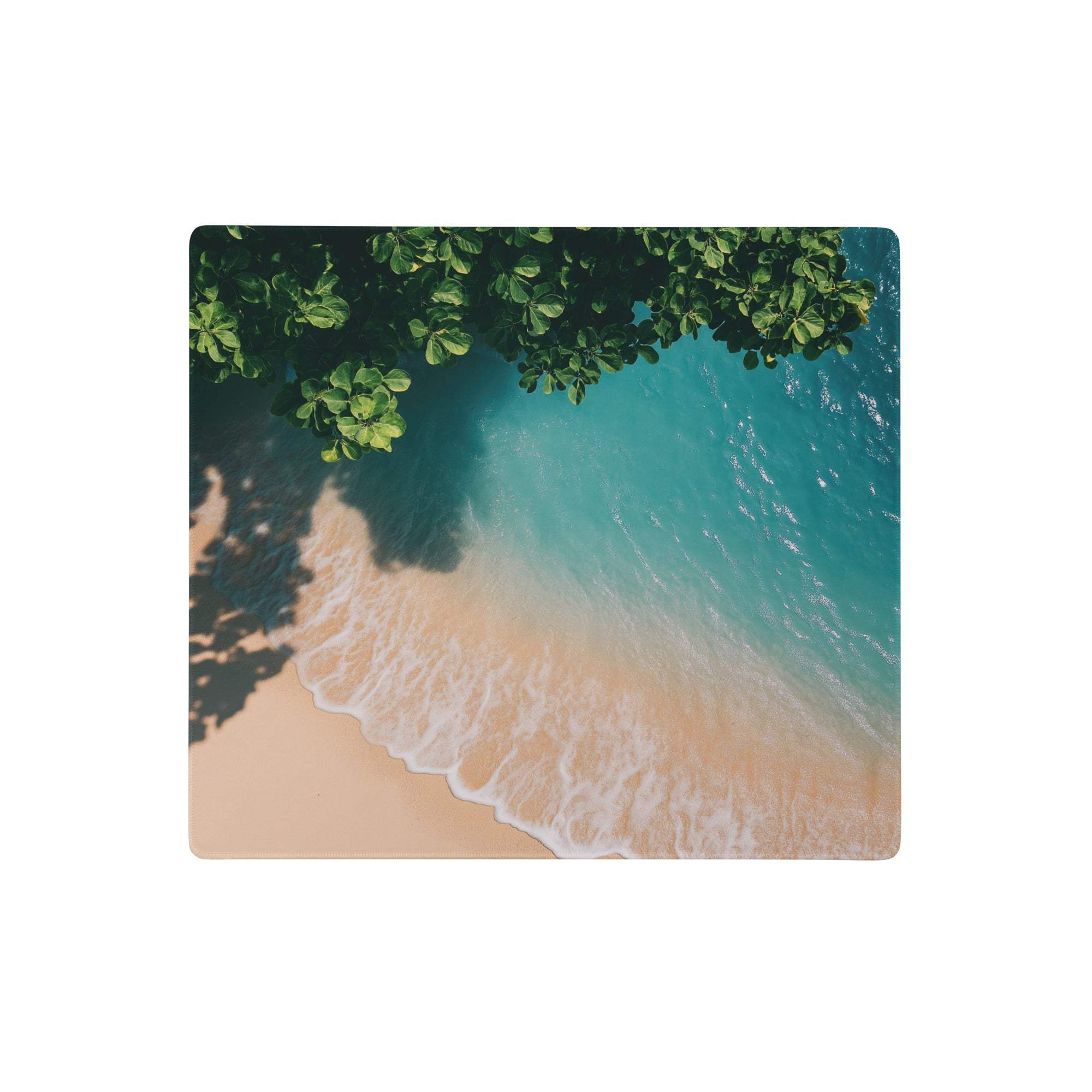 Ocean teal mouse pad with vibrant turquoise ocean and sandy shores beneath green tree branches for gaming desk decor