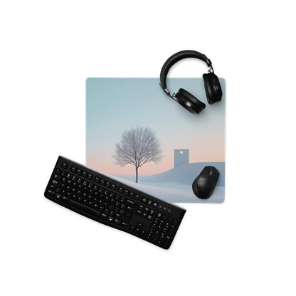 Calm winter landscape gaming mouse pad with serene tree, stitching, non-slip base