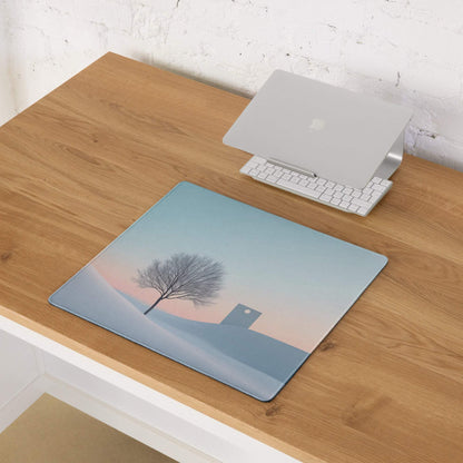 Calm winter landscape gaming mouse pad with serene tree, gradient sky, stitching, non-slip base