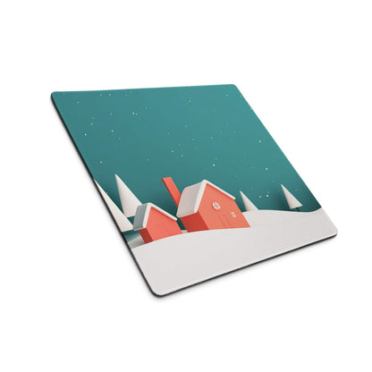 Cozy winter teal night scene gaming mouse pad with red houses, snow trees, stars