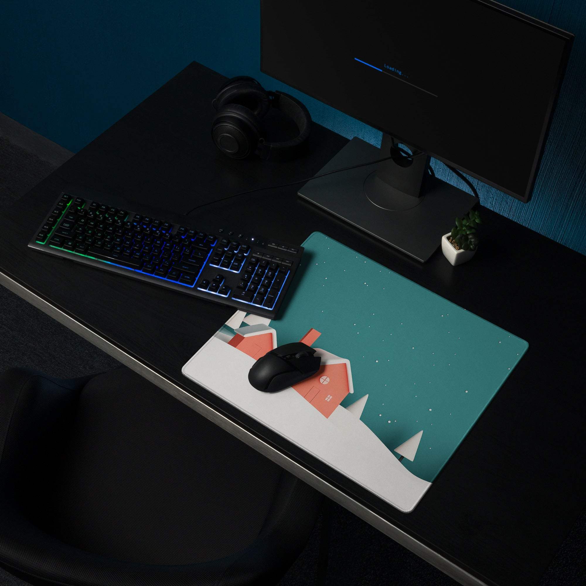 Cozy teal white winter mousepad with orange house non-slip gaming design