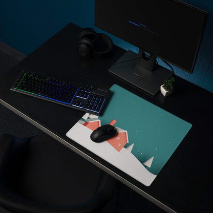 Cozy teal white winter mousepad with orange house non-slip gaming design