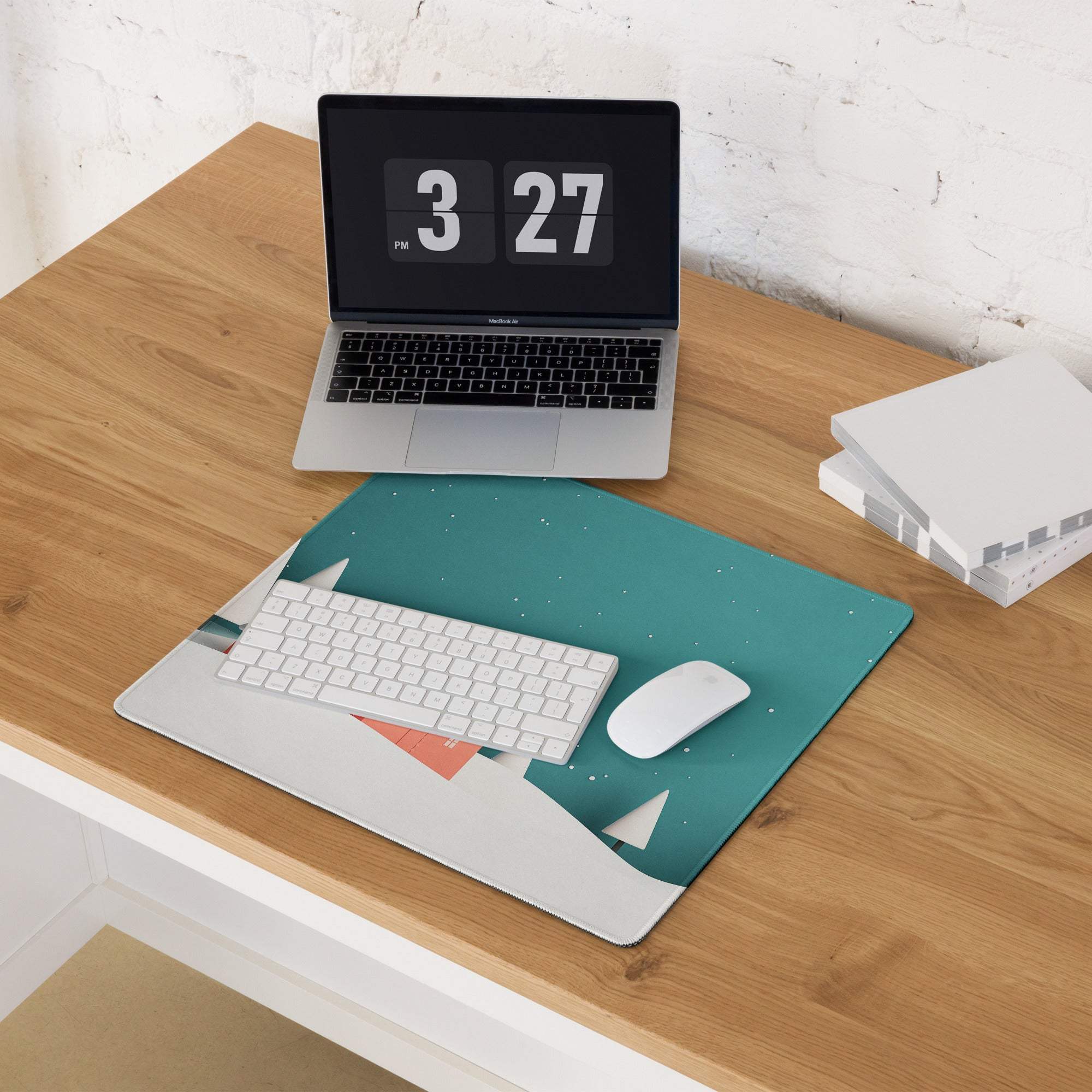 Teal white geometric mountain mousepad cozy winter night scene large non-slip