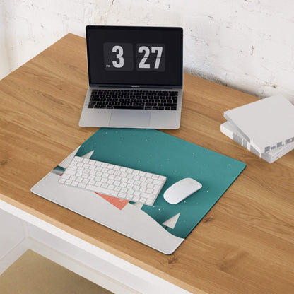 Teal white geometric mountain mousepad cozy winter night scene large non-slip
