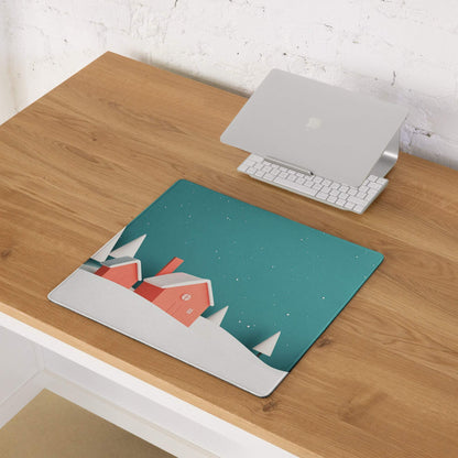Cozy winter teal night scene gaming mouse pad with village design