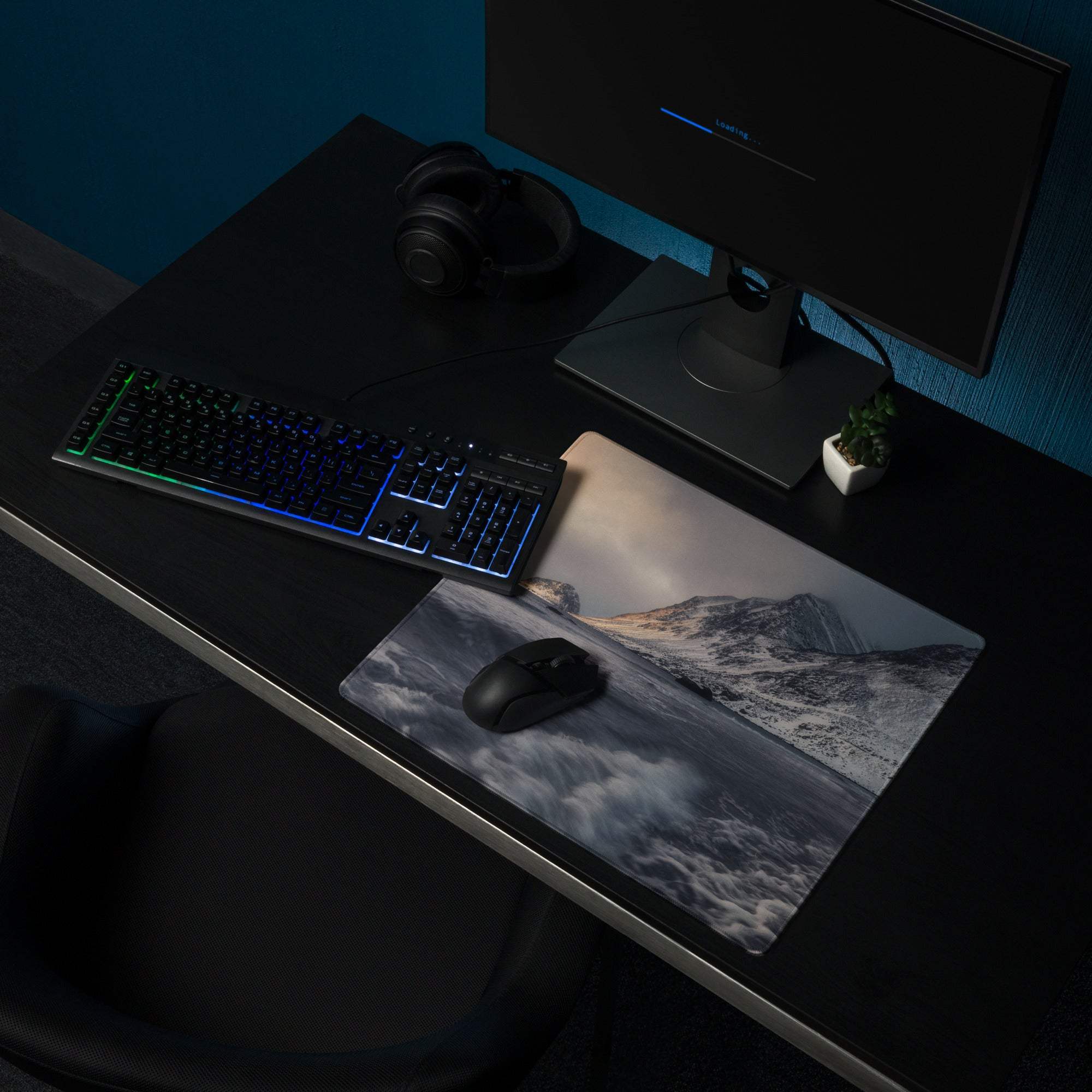 Arctic Snow Mountain Ocean large gaming mousepad with grayscale mountains, waves, and black wireless mouse