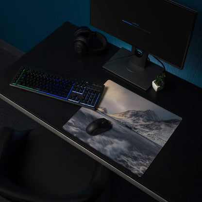 Arctic Snow Mountain Ocean large gaming mousepad with grayscale mountains, waves, and black wireless mouse