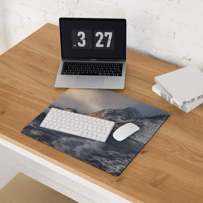 Gray Arctic Snow Mountain mousepad with white keyboard and mouse