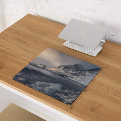 Arctic Snow Mountain Ocean large gaming mouse pad on wooden desk