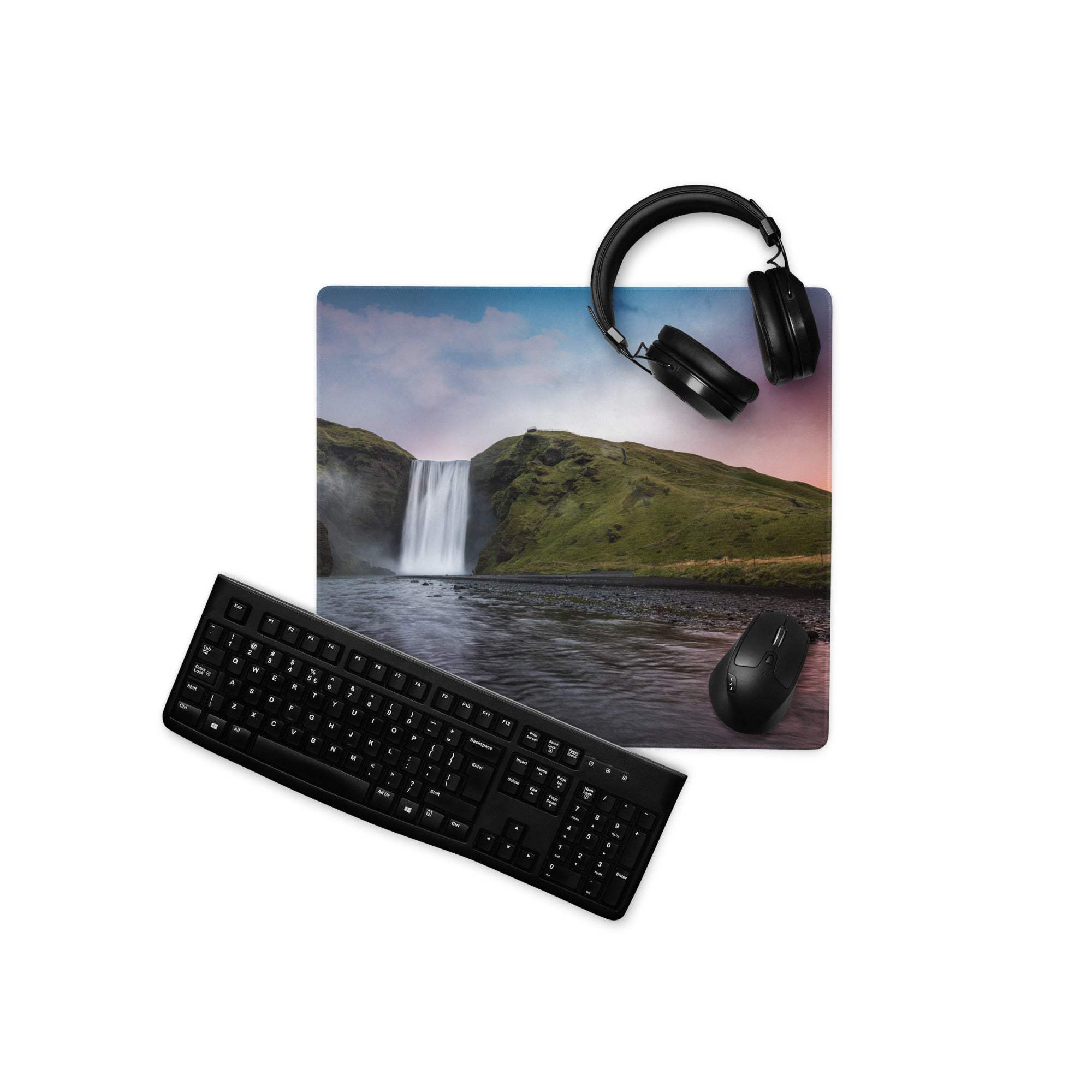 Premium large scenic sunset gaming mouse pad with black keyboard and mouse