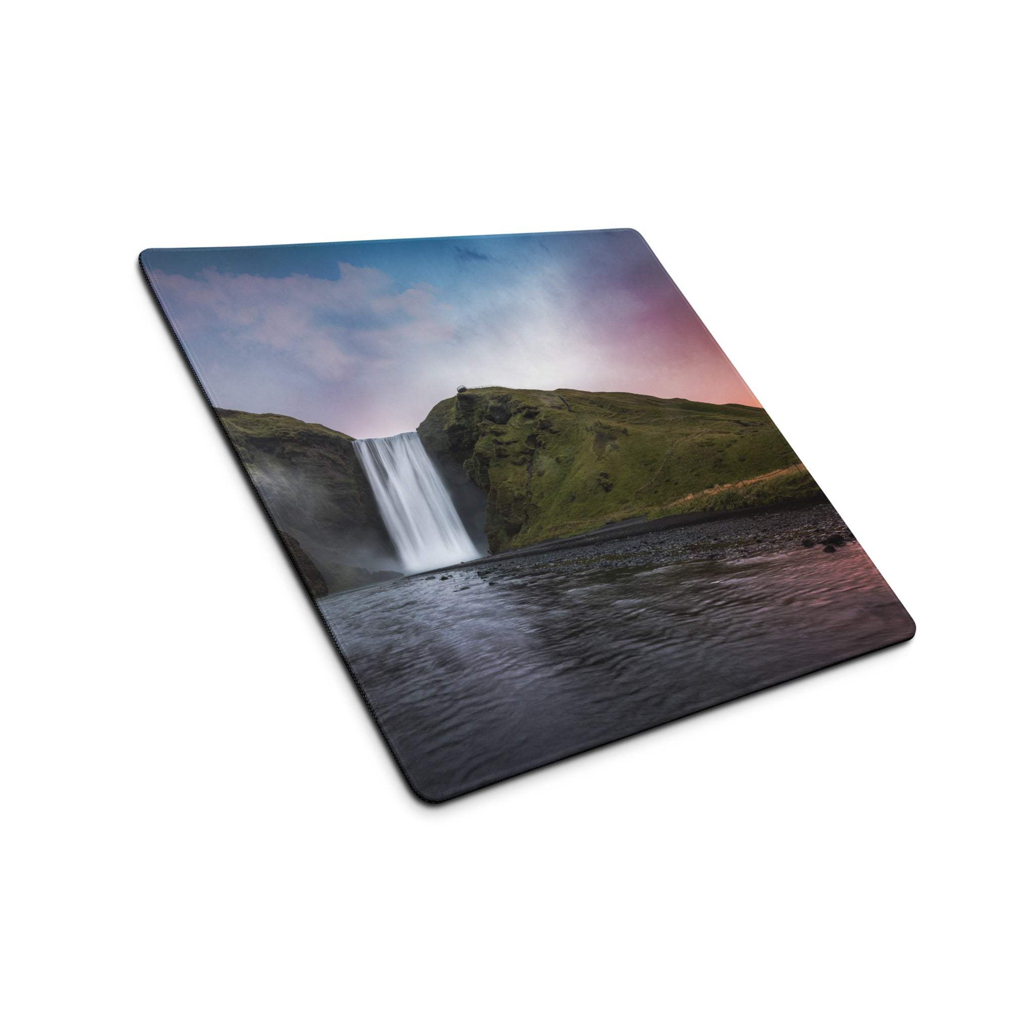 Premium large scenic sunset gaming mouse pad with waterfall and cliffs