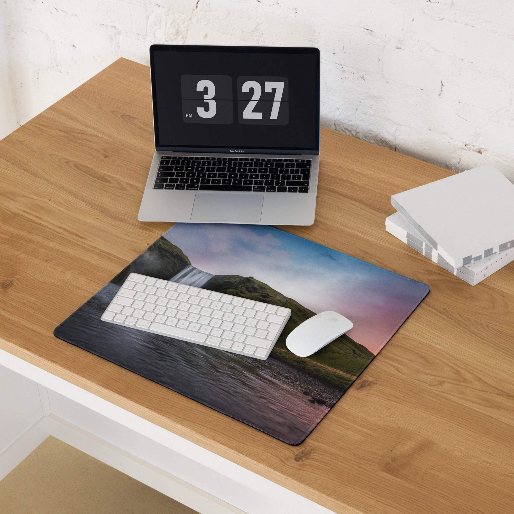 Premium large scenic sunset gaming mouse pad with waterfall landscape