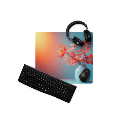 Vibrant gradient gaming mouse pad with orange-to-blue fade, leaves vase, headphones, mouse