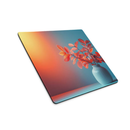 Vibrant autumn leaves in blue vase on large gaming mouse pad with gradient background