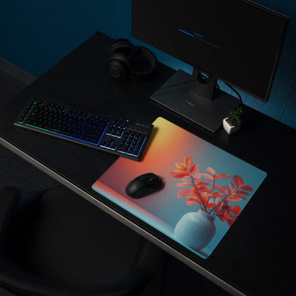 Vibrant gradient gaming mouse pad with orange-to-blue fade, leaf vase art
