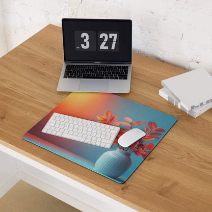 Vibrant gradient gaming mouse pad with orange-to-blue design, red leaves, teal vase