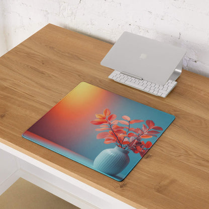 Vibrant gradient gaming mouse pad with orange-to-blue fade, red leaves vase