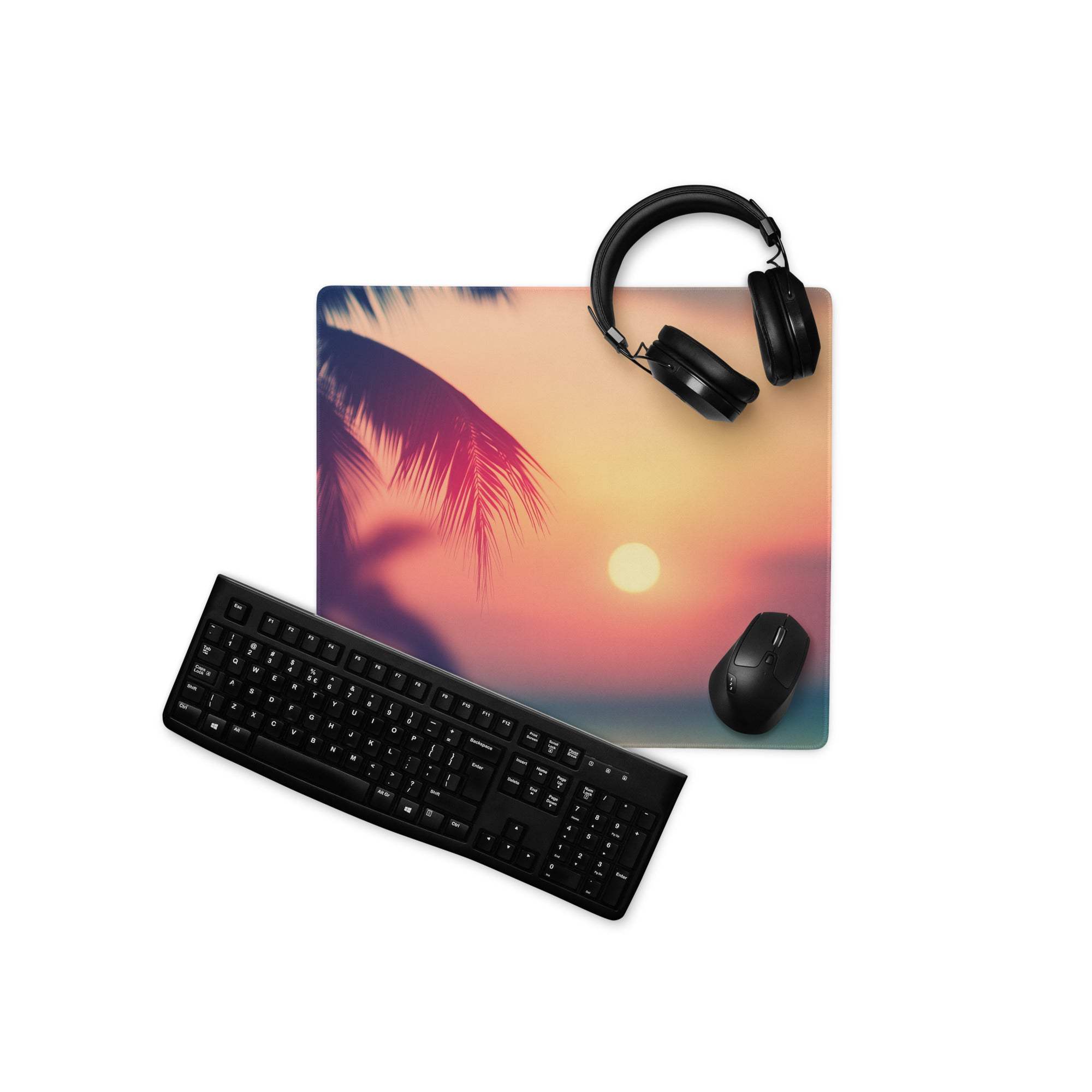 Large tropical sunset gaming mouse pad with palm fronds, non-slip surface