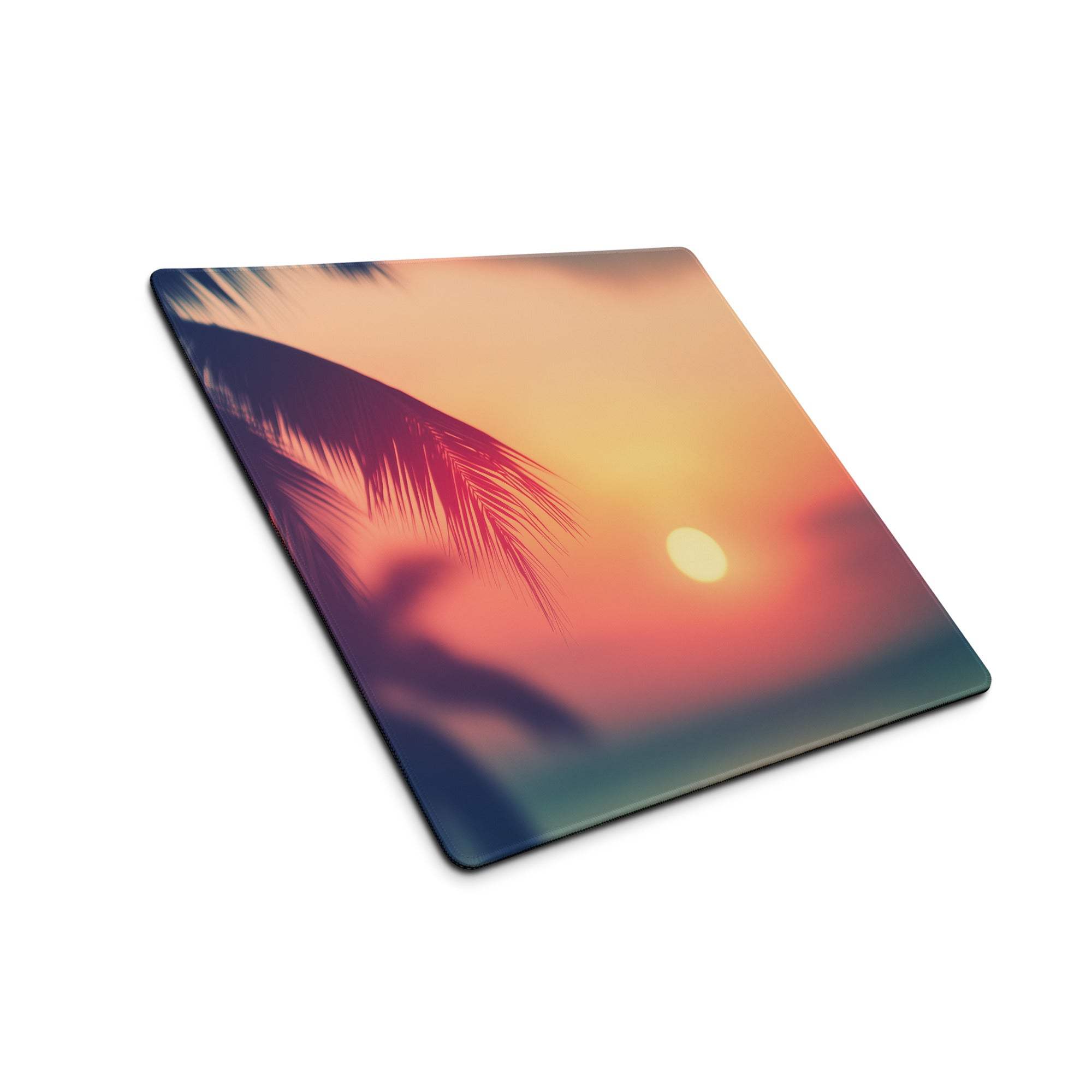 Square tropical sunset coaster on large gaming mouse pad