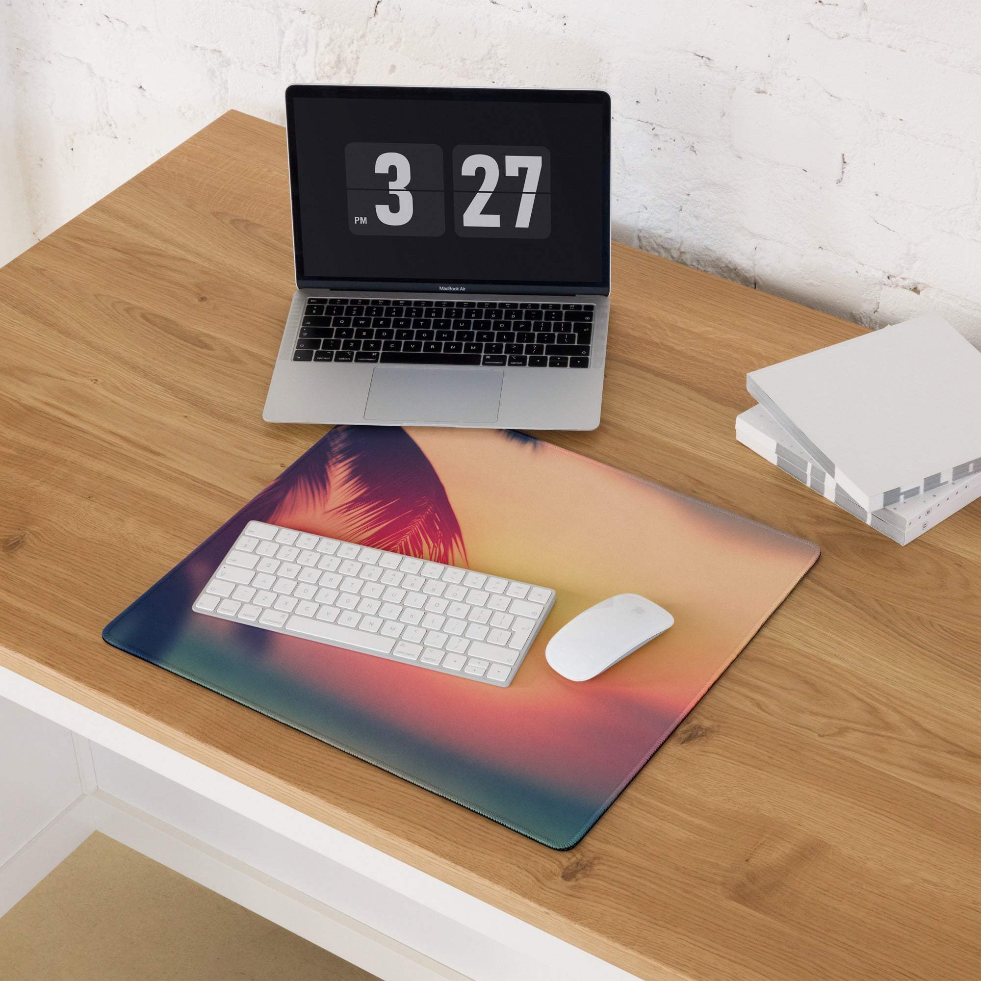 Large tropical sunset gaming mouse pad with non-slip surface and stitched edges