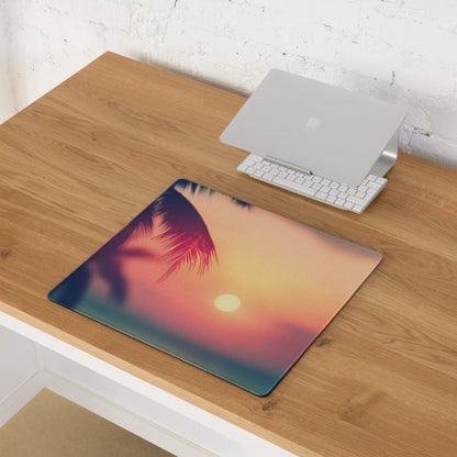 Tropical sunset gaming mouse pad with palm silhouettes, large non-slip stitched edges