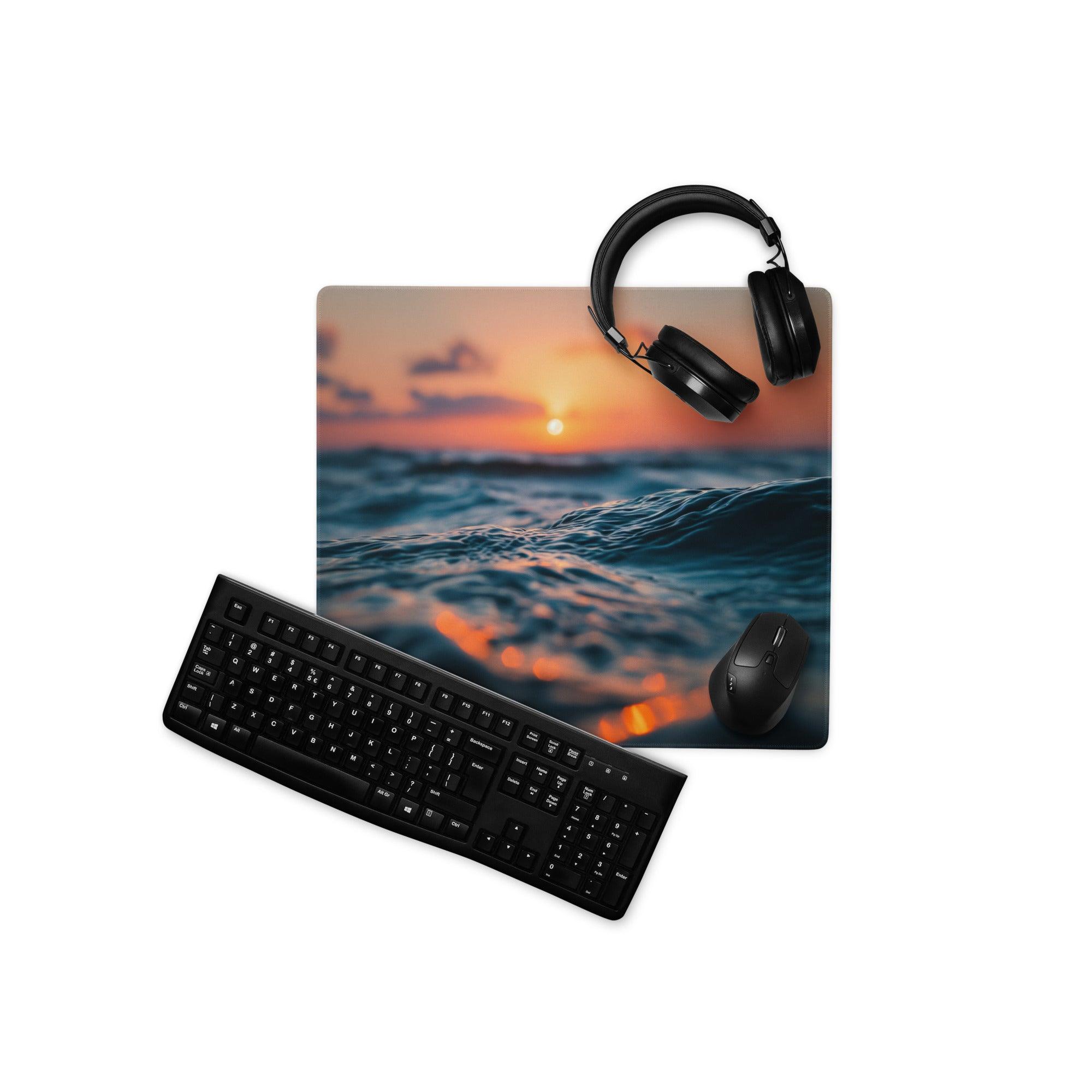 Vibrant ocean sunset gaming mouse pad with headphones and mouse