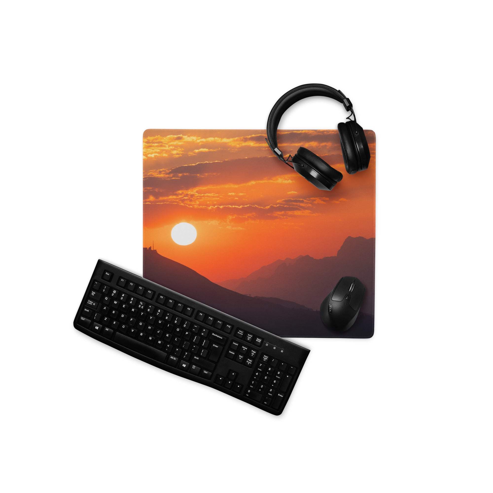Vibrant sunset mountain gaming mouse pad with non-slip base