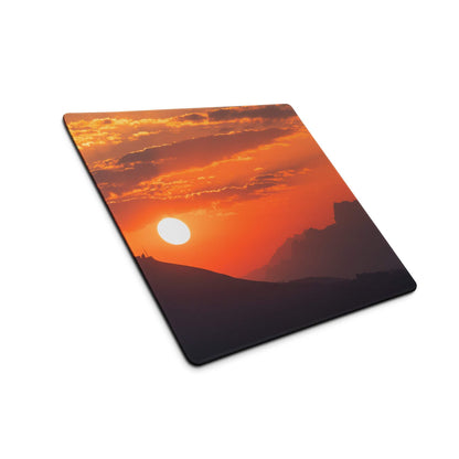Vibrant sunset mountain gaming mouse pad with large size and non-slip base