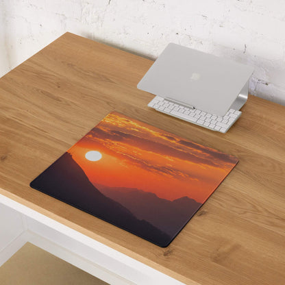 Vibrant sunset mountain gaming mouse pad with large size and non-slip base