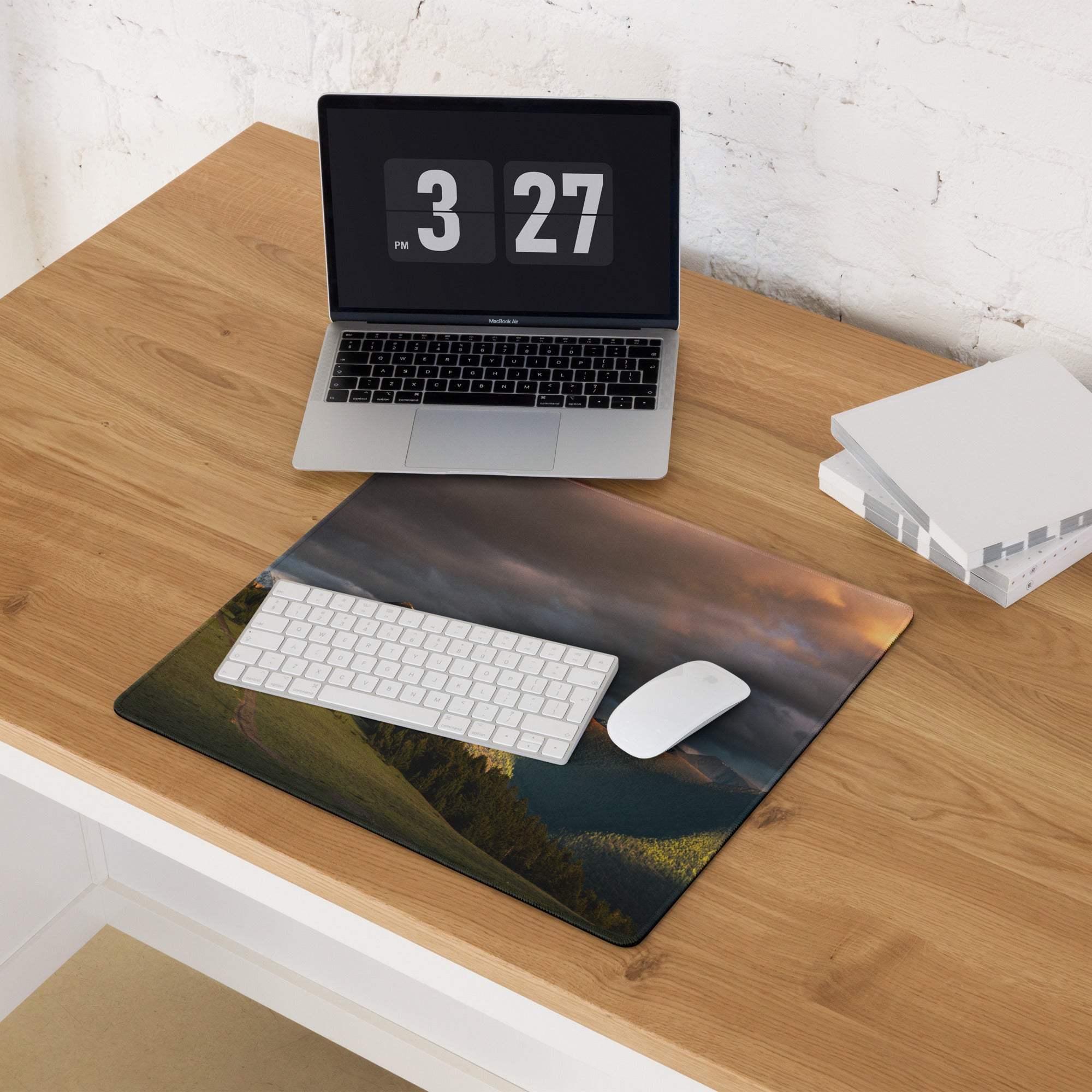 Epic mountain landscape gaming mouse pad with golden sunset, non-slip edges