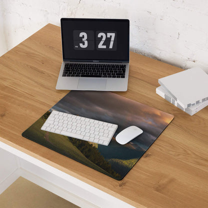 Epic mountain landscape gaming mouse pad with golden sunset, non-slip edges
