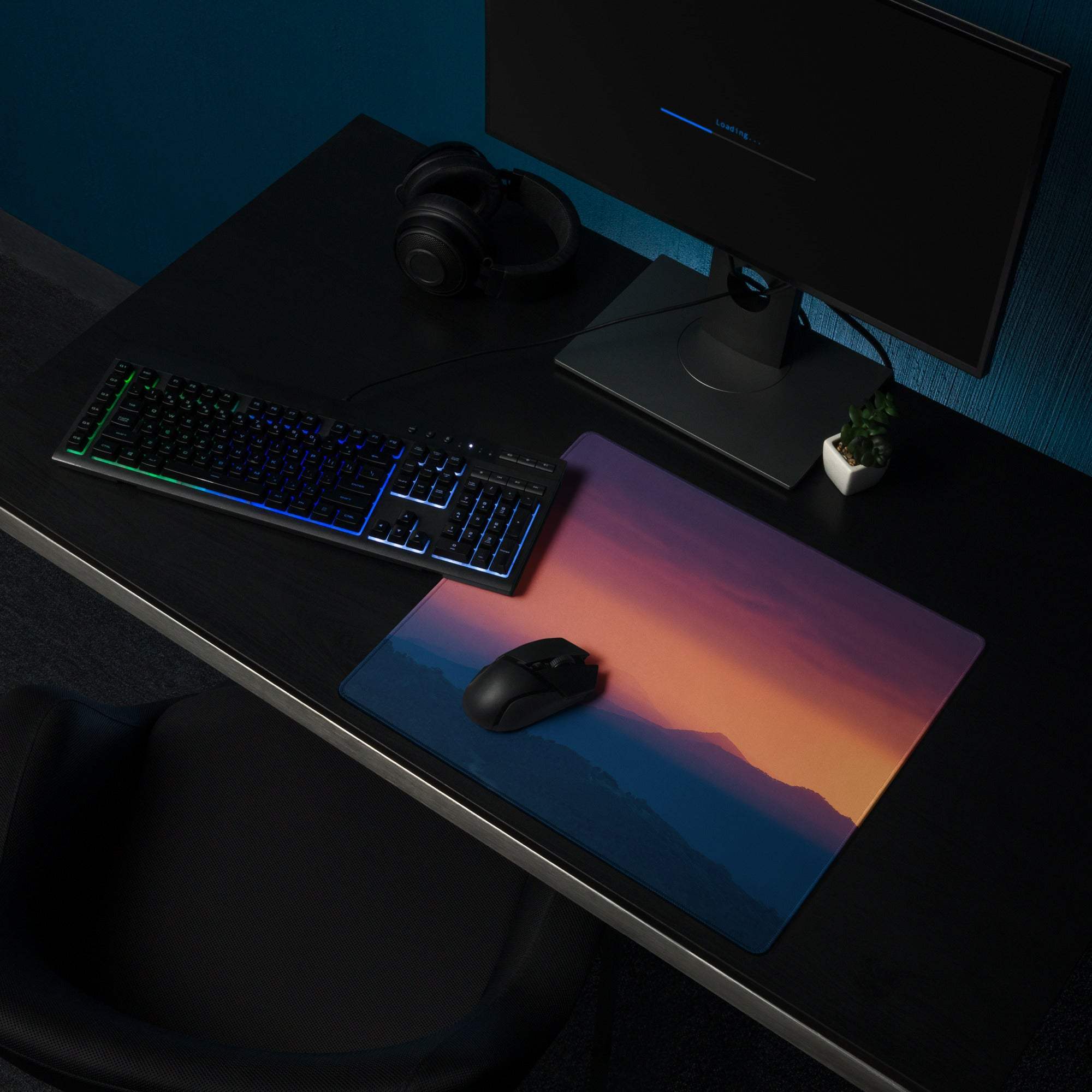 Stylish sunset purple orange gaming mouse pad with gradient mountains