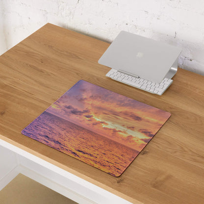 Sunset ocean vibe large gaming mouse pad with vibrant purple orange pink sunset